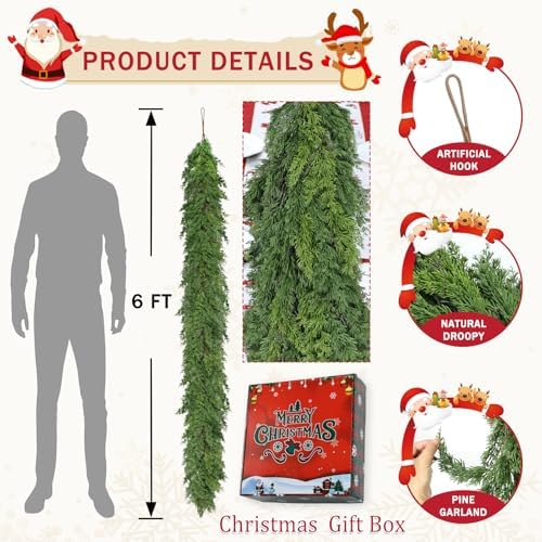 6 Ft Real Touch Christmas Garlands Thick Soft Bendable Pine Cedar Garland