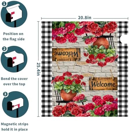 Spring Summer Floral Mailbox Covers Magnetic Large Size 25"x21" Welcome Spring Geranium Flower Mailbox Cover Welcome Red Flowers Mailbox Wraps Farmhouse Post Letter Box Cover for Home Outside