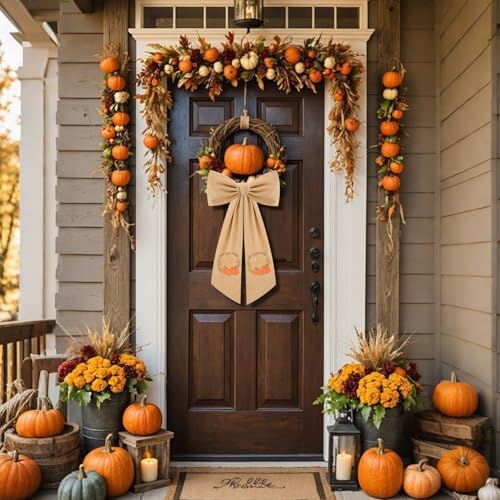 2 Pcs Fall Wreath Sash for Front Door Embroidery Monogram Pumpkin Ribbon Sash for Fall Thansgiving Yard Porch Decor (Letter S)