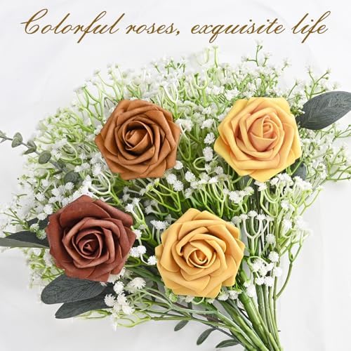 BLEUM CADE 16Pcs Artificial Flowers Fake Foam Roses with Stems for Wedding