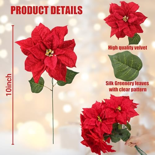 Sggvecsy Artificial Christmas Poinsettia Flowers 9.8’’ Large Heads 6 Pcs Red Velvet Fake Plants with Greenery Leaves Faux Silk Christmas Poinsettia Bouquets for Home Vase Indoor Outdoor Xmas Decor