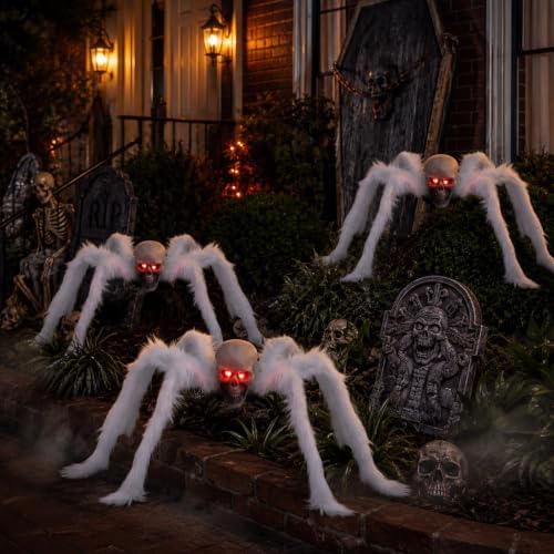 Suzile 3 Pack Halloween Skull Head Spider Light up Creepy Outdoor Decor