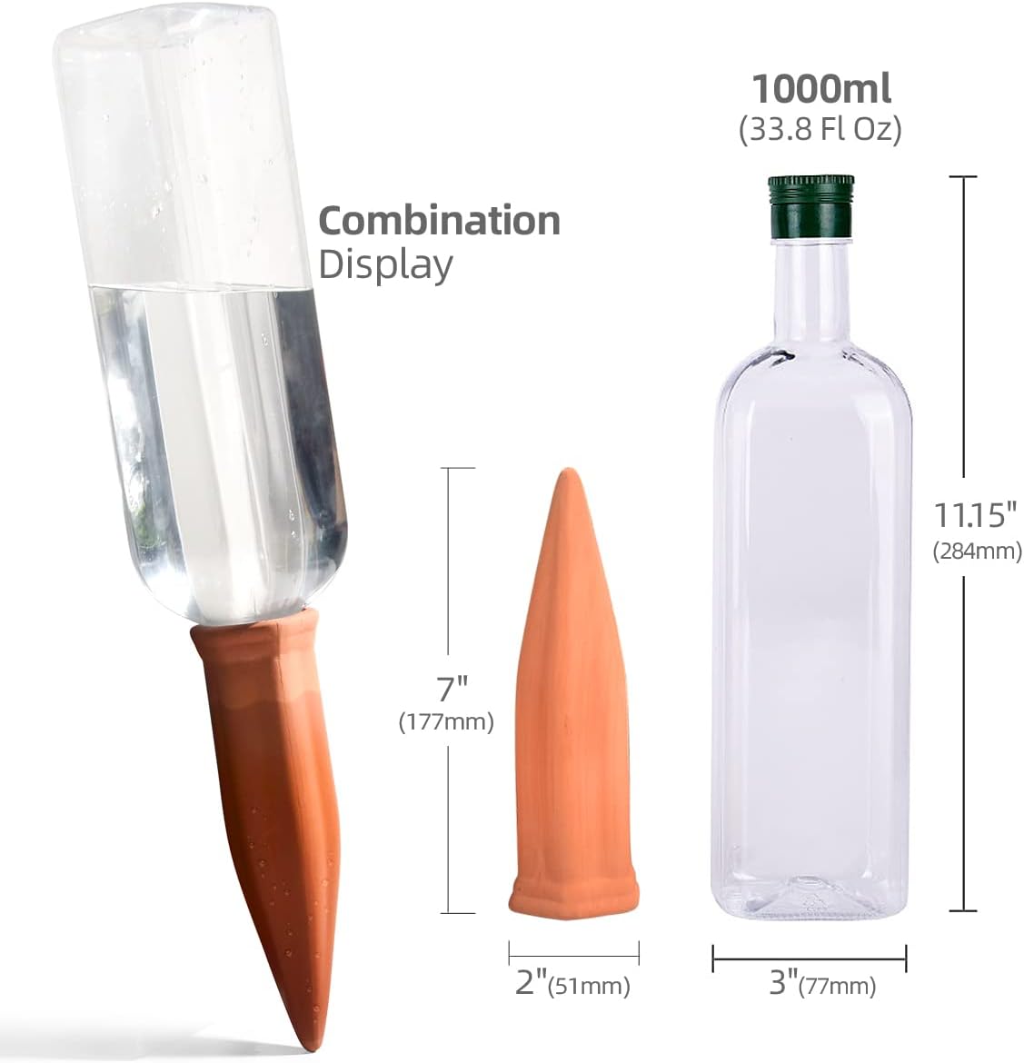 B SEPOR 6 Terracotta Watering Spikes with 6 PET Empty Bottles 33.8 Fl Oz 1000ml for Plant Self Irrigation Up to 10+ Days