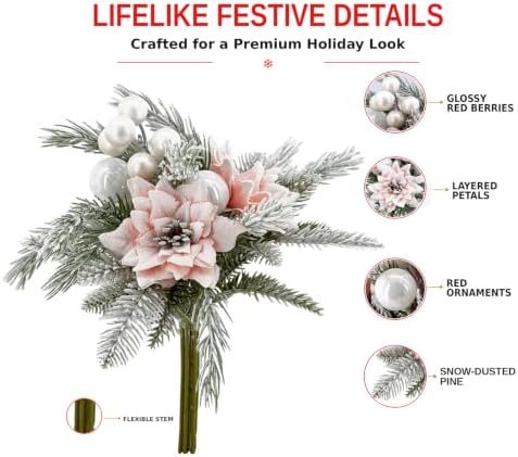 2 Pack Christmas Bouquet Pink Winter Artificial Flowers Xmas Decor