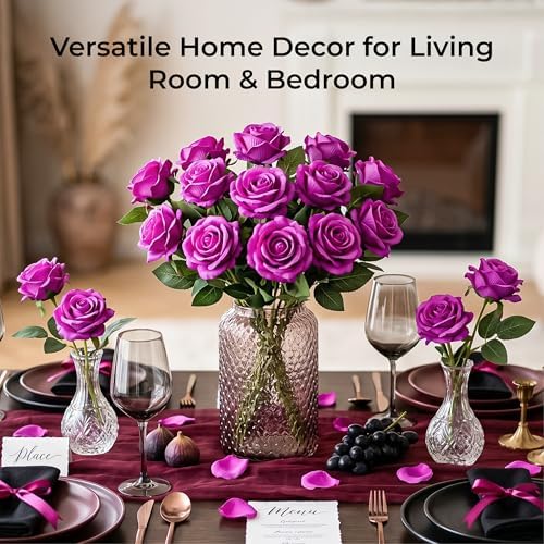 Auihiay 60PCS Artificial Roses, Magenta Roses, Velvet Silk Roses