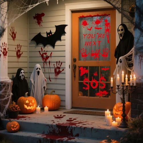 AhfuLife 108Pcs Halloween Window Clings, 9 Sheets Reusable Halloween Blood Handprint Window Stickers Removable Stickers for Kids Home Window Indoor Party Decorations
