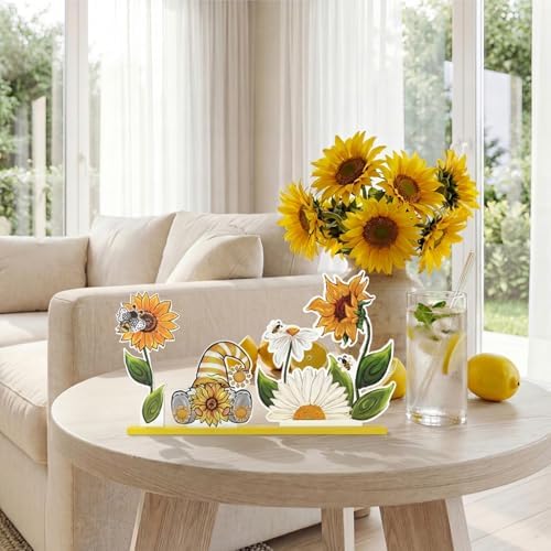 Smile Summer Indoor Decorations Wooden Decor, Sunflower Gnome, Sign for Home Tabletop Centerpiece Mantel Shelf Fireplace