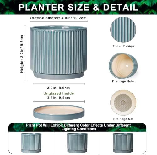 4 Inch Pots for Plants, Ceramic Planter with Saucer, Glaze Blue