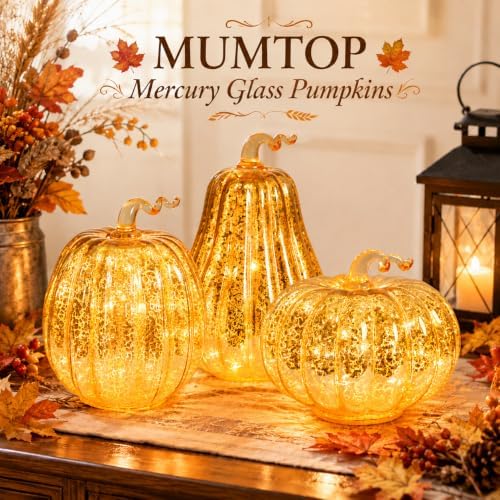MUMTOP Mercury Glass Pumpkins Lighted 3PCS Halloween Gold Fall Decoration