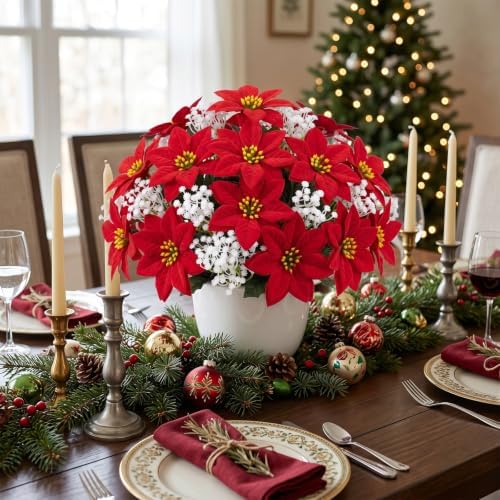 Red Christmas Poinsettia Artificial Flowers 38 Bundles UV Resistant Faux Plants Outdoor Patio Garden Winter Xmas Decor