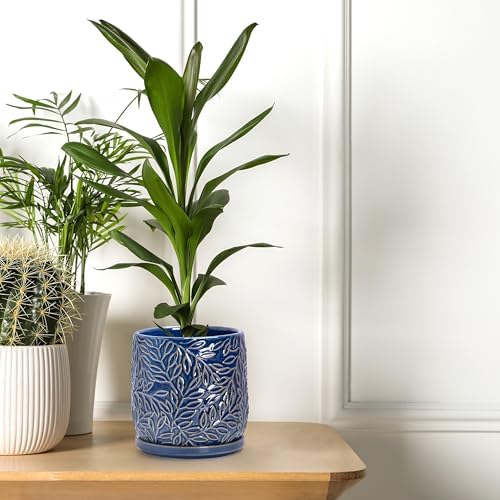 D'vine Dev Embossed Leaves Ceramic Planter, 5 in, Midnight Blue, 27-A-V-3