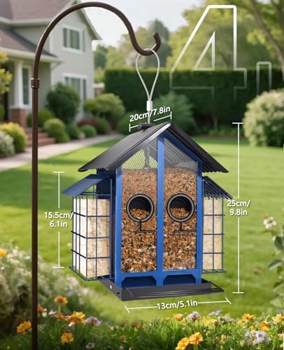 Metal Bird Feeders for Outdoors Hanging Bird House with Solar Lights, Blue