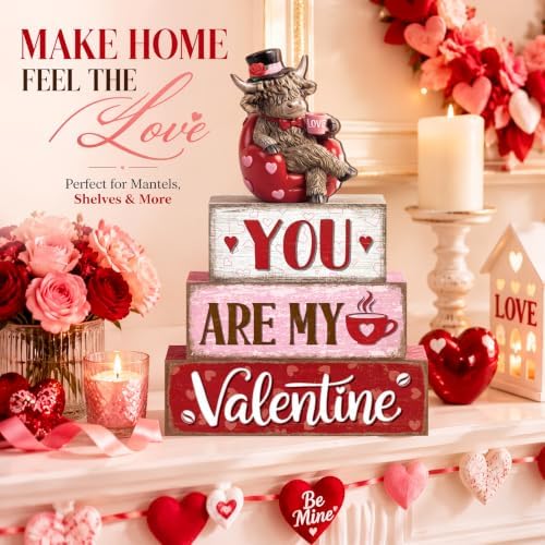 Yousoontic Valentine's Day Highlandcow Block Sign Rustic Tiered Tray Decor
