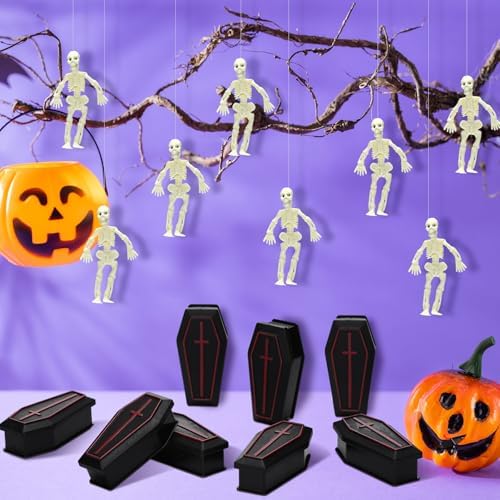 VioraWhite 48 Pcs Halloween Mini Skeletons & 3'' Mini Coffin Boxes