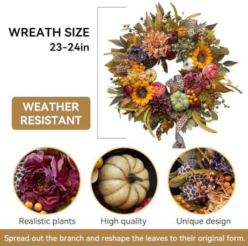 Fall Wreaths for Front Door 24 Inch Autumn Wreath with Pumpkins, Sunflowers