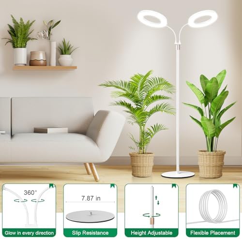 LBW Dual Head Grow Light with Stand for Indoor Plants, Full Spectrum Grow Light for Multiple Tall Plants, Adjustable Height up to 68", Auto Cycle Timer 6/8/12/16H, 5-Level Dimmable, 3 Lighting Modes