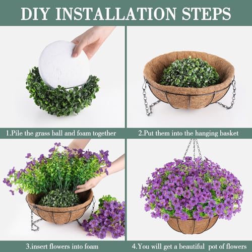 AGIRL Artificial Hanging Flowers with Baskets for Outdoors(Purple)