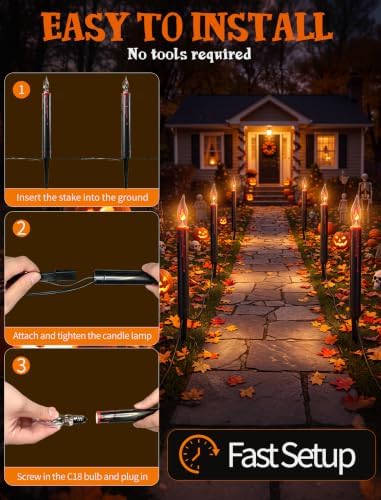 Abeja Halloween Pathway Lights, 19.5FT C18 Flicker Flame Candles, 10 Stakes