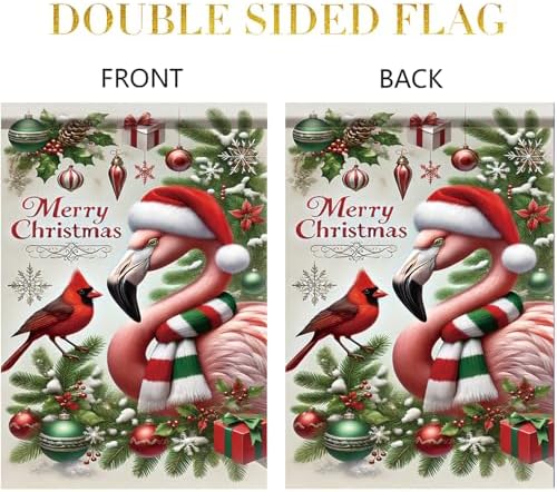 Christmas Garden Flag Flamingo with Cardinal Bird Flag 12x18 Inch Outdoor Double Sided Winter Seasonal Yard Banner Holiday Lawn Decoration Xmas Tree Ornaments for Porch Patio Garden