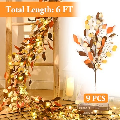 Waipfaru Fall Decor, 6FT Fall Garland with Lights Autumn Eucalyptus Leaves Lighted Garland Thanksgiving Harvest Festival Decoration for Home Mantle Porch Outdoor Indoor Wedding Window Wall Arch(2 PCS)