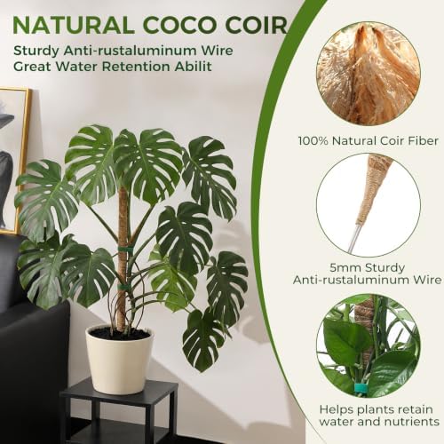 3 Pack Moss Pole Monstera Plant Support, 2 Pack 28" & 1 Pack 48" Bendable Plant Stakes Made of Real Coco Coir Support for Climbing Indoor Plants, Tall Moss Stick Trellis for Potted Climbers