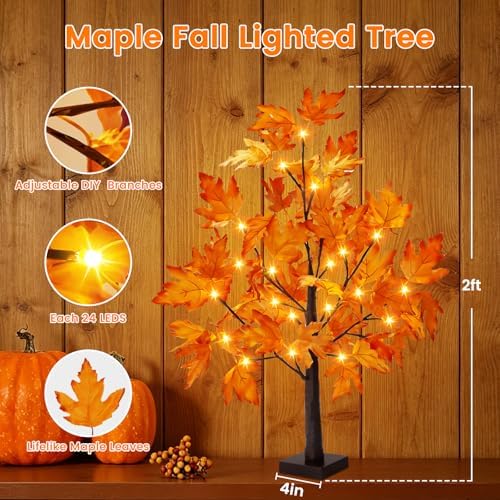 2FT Fall Decorations for Home Artificial Lighted Maple Tree Lights Decor