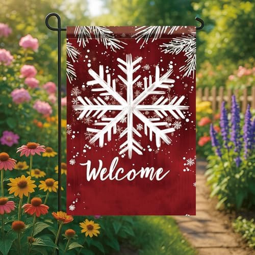 Winter Garden Flag White Snowflake Red Background Welcome Flag 12x18 Inch Double Sided Outdoor Yard Banner for Snowy Season Holiday Christmas Porch Decoration Decor