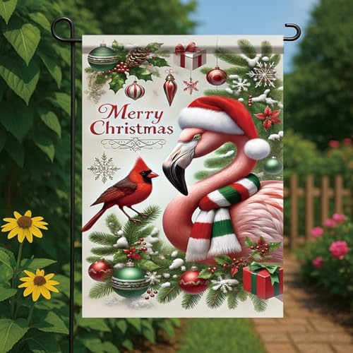 Christmas Garden Flag Flamingo with Cardinal Bird Flag 12x18 Inch Outdoor Double Sided Winter Seasonal Yard Banner Holiday Lawn Decoration Xmas Tree Ornaments for Porch Patio Garden