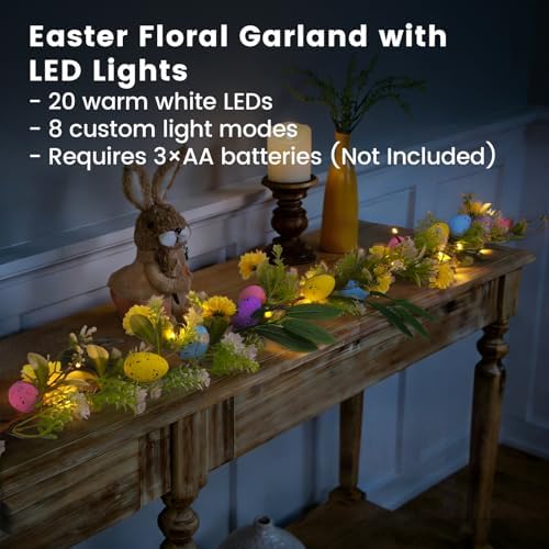 Easter Garland with Lights 6FT - Lighted Spring Flower & Egg Vine Decor - 20 LED Battery Operated with Auto Timer & 8 Modes - Mantel Fireplace Door Easter Decor