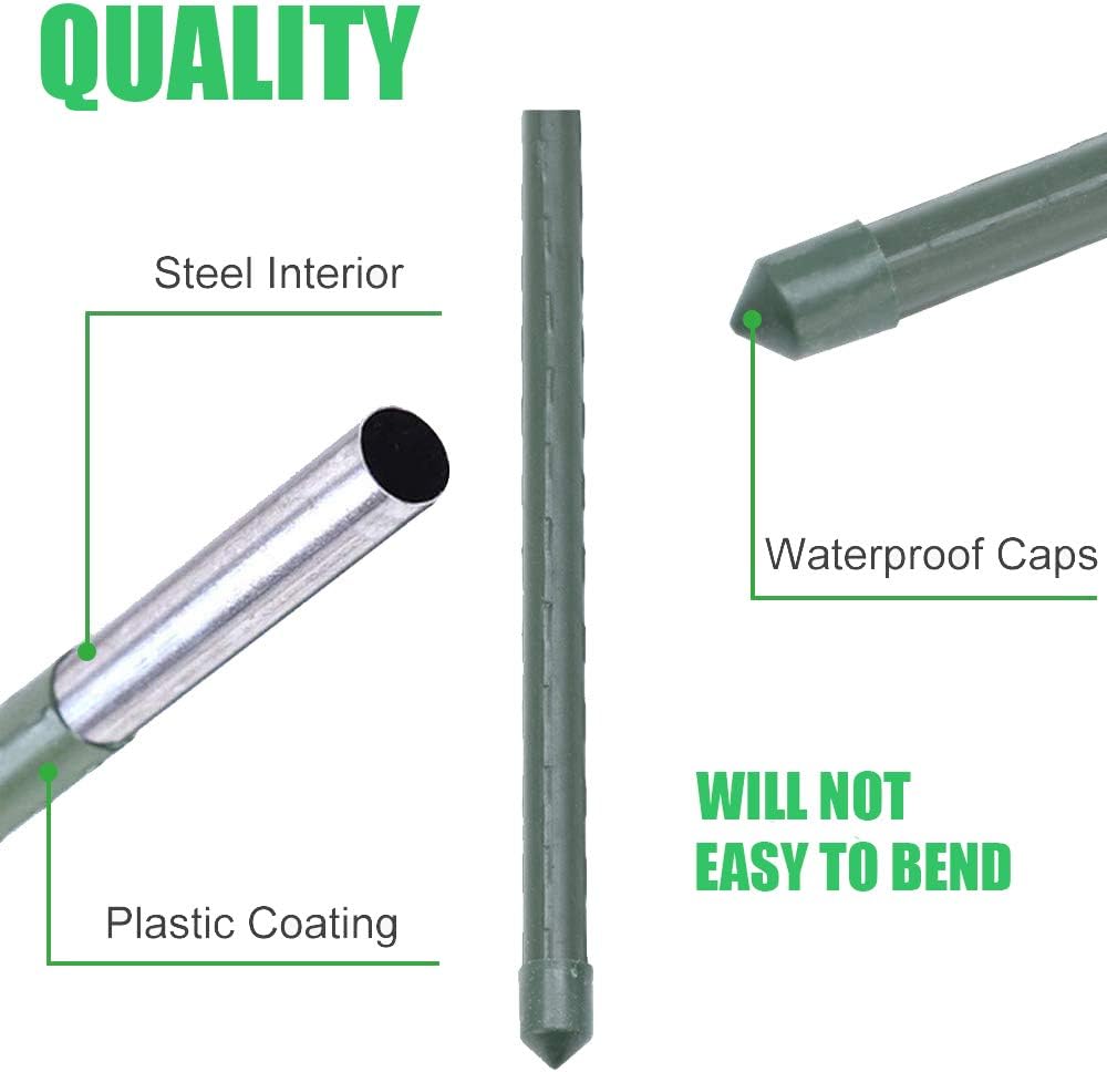 Steel Plant Stakes 3 Feet, Plastic Coated Metal Garden Stakes Supports Climbing for Tomatoes, Trees, Beans, 25 Pack