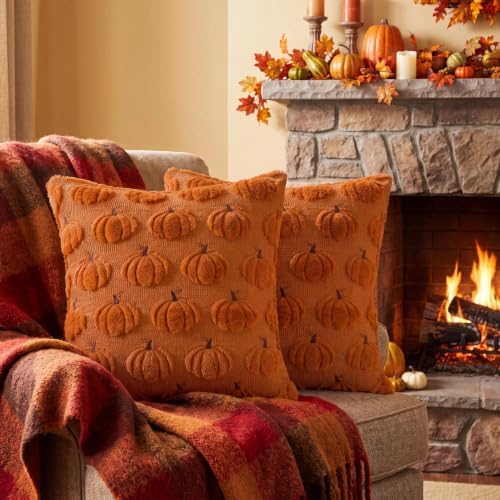 Softalker Fall Throw Pillow Covers 12x12 Set of 2 Small Rust Pumpkin Covers
