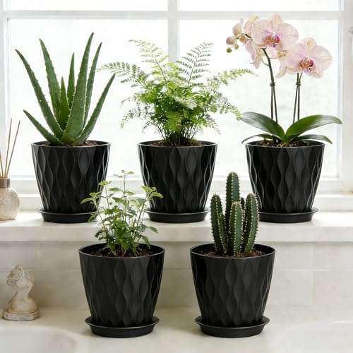 8 Inch Plastic Plant Pots,Set of 5 Flower Pots,Planters with Drainage Holes & Saucers, Indoor Outdoor Garden Pots for Home Decor (Black)