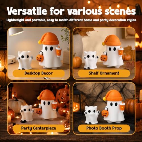 Cute Cat Halloween Ghost Figurine with Pumpkin Bucket and Orange Drink