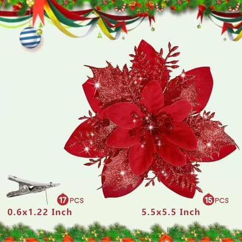 15 PCS Poinsettia Flower Artificial Poinsettia with Clips Christmas Decor Glitter Poinsettia Christmas Ornaments Christmas Tree Flower Decorations with Stems DIY Xmas Wreath Holiday Home Party Decor