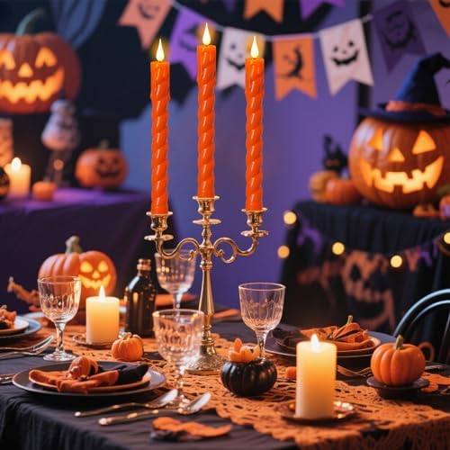 Orange Flameless Taper Candles Battery Operated with Remote Timer