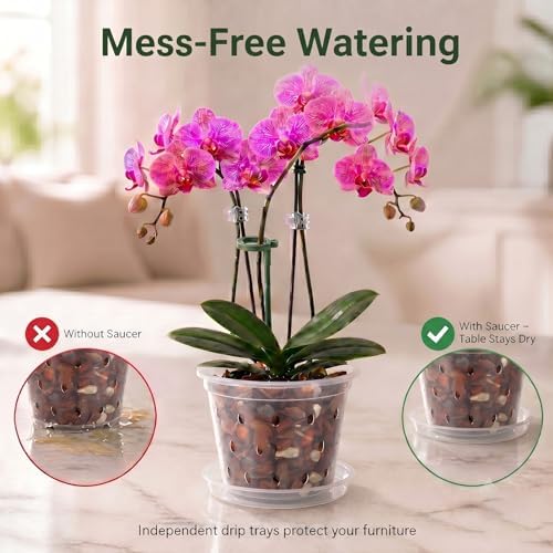 Orchid Pot -6 Pack 7 Inch Orchid Pots with Holes and Saucers, Clear Plastic Plant Pots with 8 Support Stakes and Clips, Orchid Repotting Kit for Indoor Plants (7 Inch)