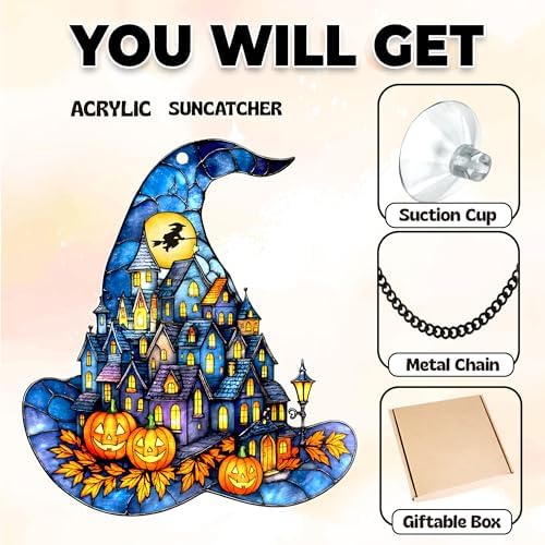 Witch Hat Suncatcher for Window Hanging, Gothic Halloween Decoration, Spooky Town Pumpkin Acrylic Ornament, Jack-o’-Lantern Fantasy Decor, Autumn Halloween Christmas Witchy Gifts for Women, Friends