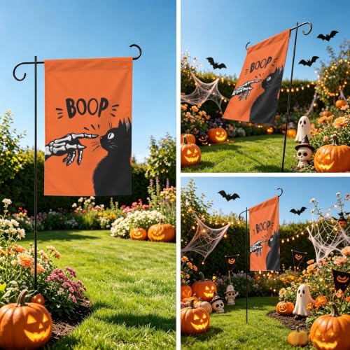 Halloween Garden Flag 12×18 Inch Black Cat Double Sided Linen Yard Flag