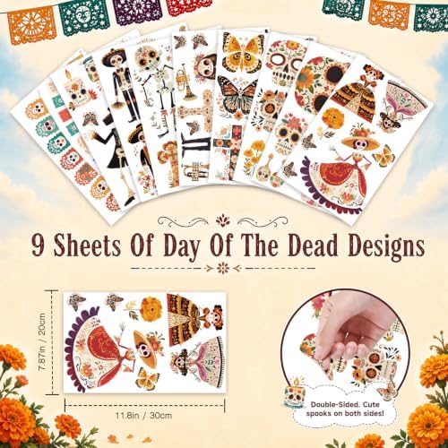 9 Sheets Day of The Dead Window Clings Dia De Los Muertos Decorations Decal
