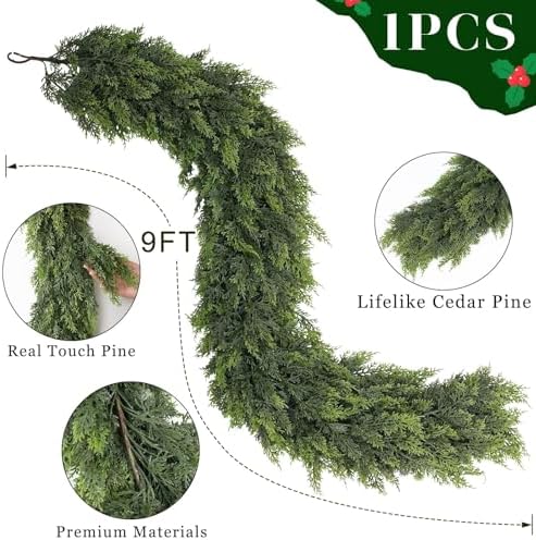 1PCS 9FT Lifelike Touch Artificial Cedar Garland for Mantle Christmas Decor