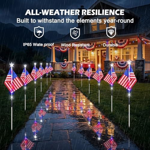 12 Pack 108 LEDs American Flag Pathway Lights w/ 8-Mode for July 4th