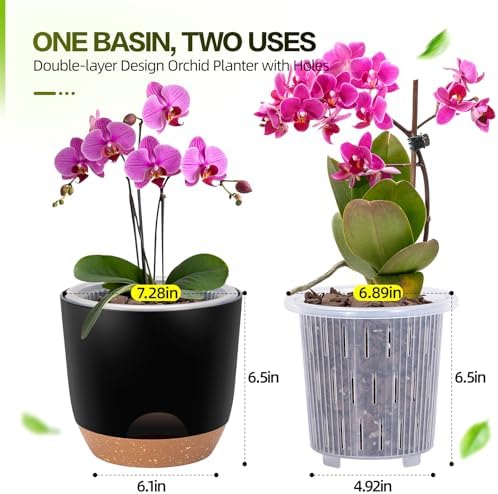 3Packs 7.2 Inch Self Watering Orchid Pots for Indoor Plants,Macetas para Orqudeas,Flower Pots for Indoor Plants with Holes（Black）