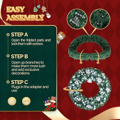 VINGLI 48 Inch Prelit Christmas Wreath Fireplace, Holiday Decor Blue Silver