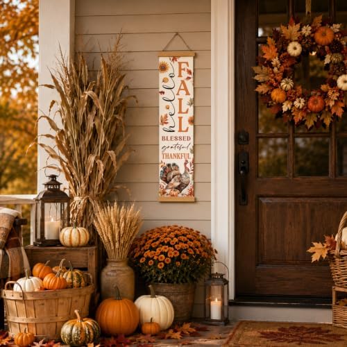 Fall Porch Decor Banner, Blessed Turkey Canvas Banner for Harvest Party