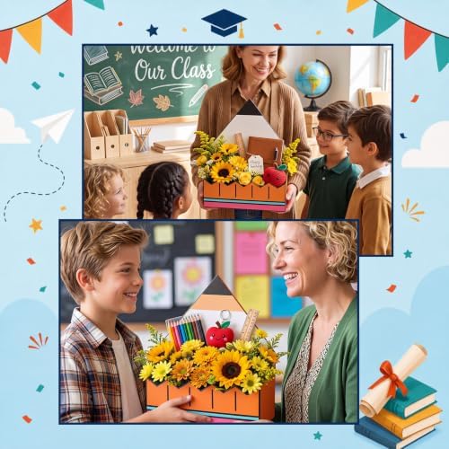 Gueevin 12 Pcs Large Back to School Basket Pencil Shaped Flowers Basket