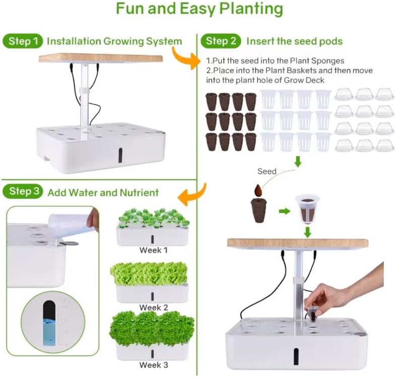 Indoor Hydroponic Growing System with LED Light, Wooden Top Cover, Touch Control, White Base
