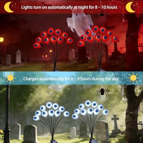 JUSTUP 2PCS Halloween Red Eyeball Solar Lights, IP55 Waterproof Outdoor Lawn Lighting with 10-LED LED Chips, Spooky Ambience Garden Decor for Gardens Lawns & Halloween Parties