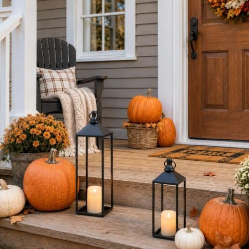 Lanterns Decorative Outdoor Indoor, 17" 13" Set of 2 Black Candle Lanterns