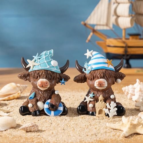Karenhi 2 Pcs Beach Highland Cow Figurines, Ocean Resin Statues