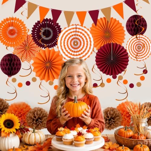 24 Pcs Fall Party Decorations, Burgundy Orange Paper Fans and Pom Poms Set